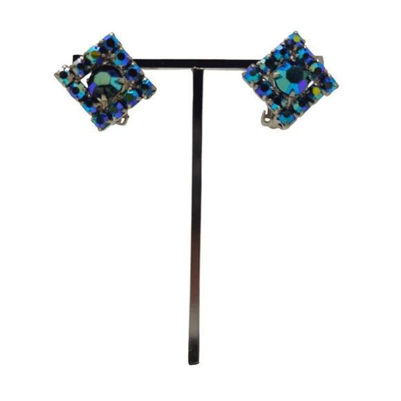 Vintage Blue Aurora Borealis Rhinestone Earrings | Square Diamond Design - Picture 1 of 5